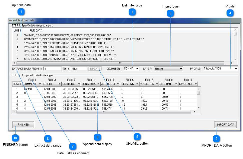 Import Text File Data window